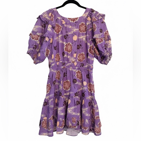Adorable! Ulla Johnson Naomi Purple Floral Zinnia Mini Ruffle Cotton Dress - Picture 3 of 8